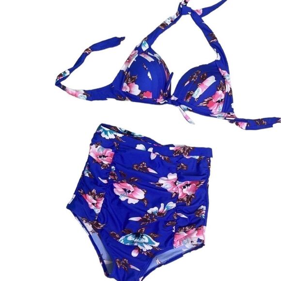 High waist halter floral blue pink retro bikini two piece swimsuit  Size small - Picture 1 of 6